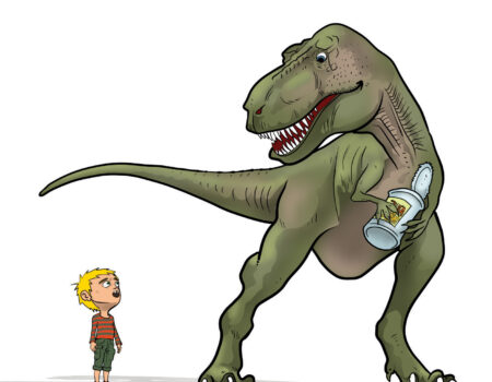 Ako sa z Miša stal Tyrannosaurus rex, ilustrácia pre detský príbeh Tyranosaurus, ktorý mal rád fazuľu na Caroslovnik.com